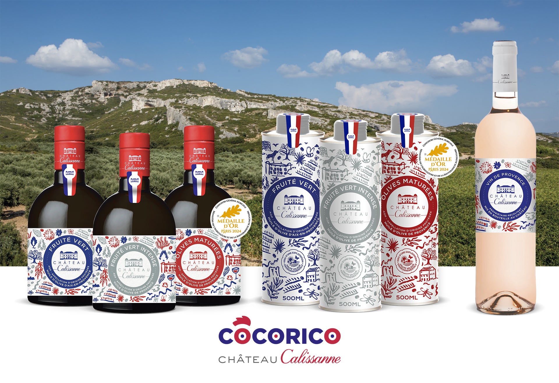 Olivenöle und Weine aus der Kollektion Cocorico von Château Calissanne