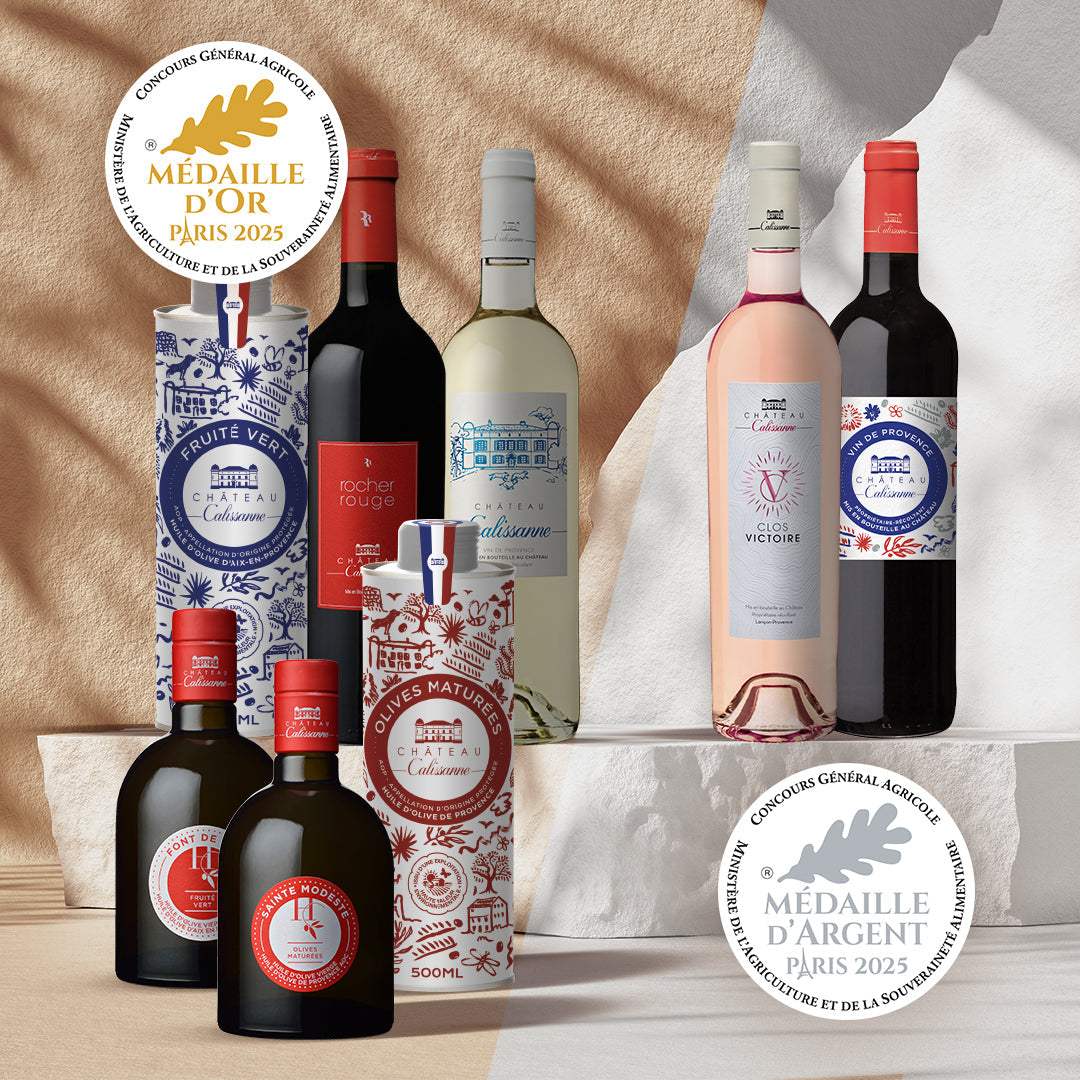 Produkte von Chateau Calissanne, die beim Concours general agricole 2025 in Frankreich mit Gold- und Silbermedaillen ausgezeichnet wurden