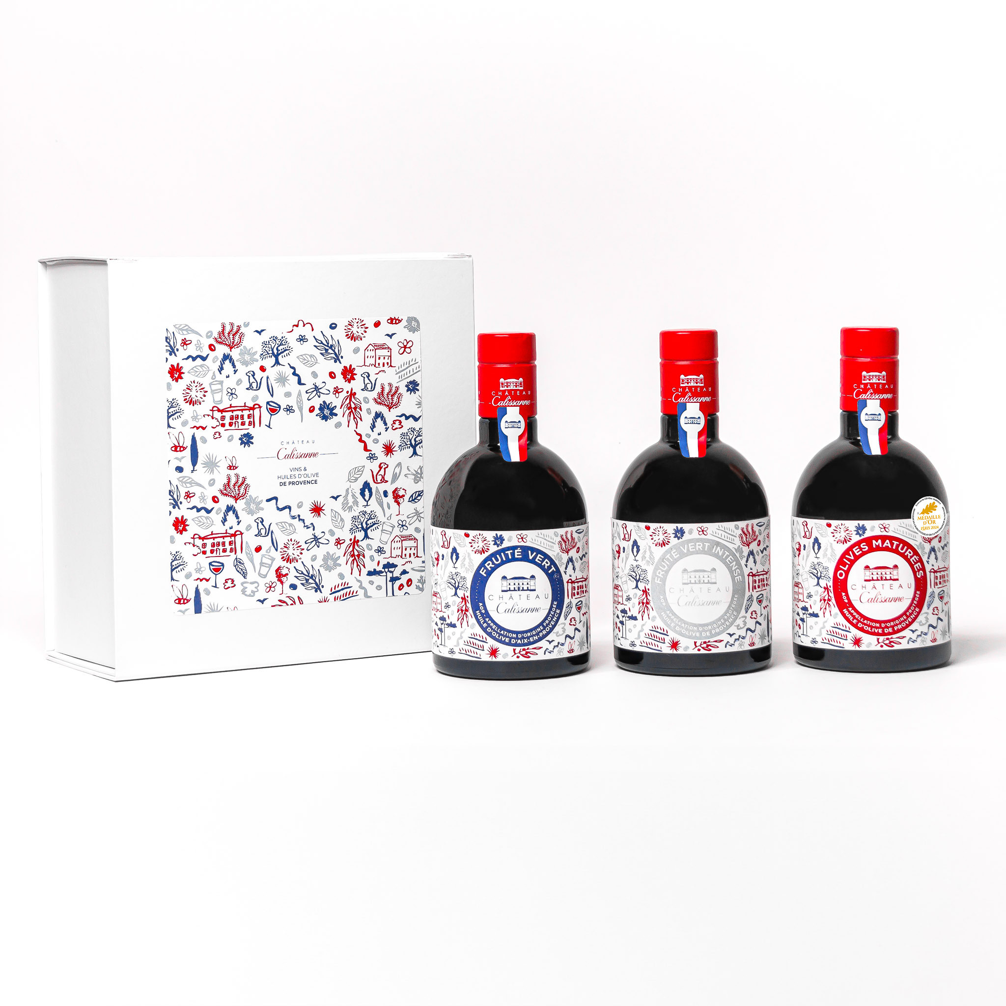 Drei Glasflasche Olivenöl Cocorico und Geschenkbox von Château Calissanne