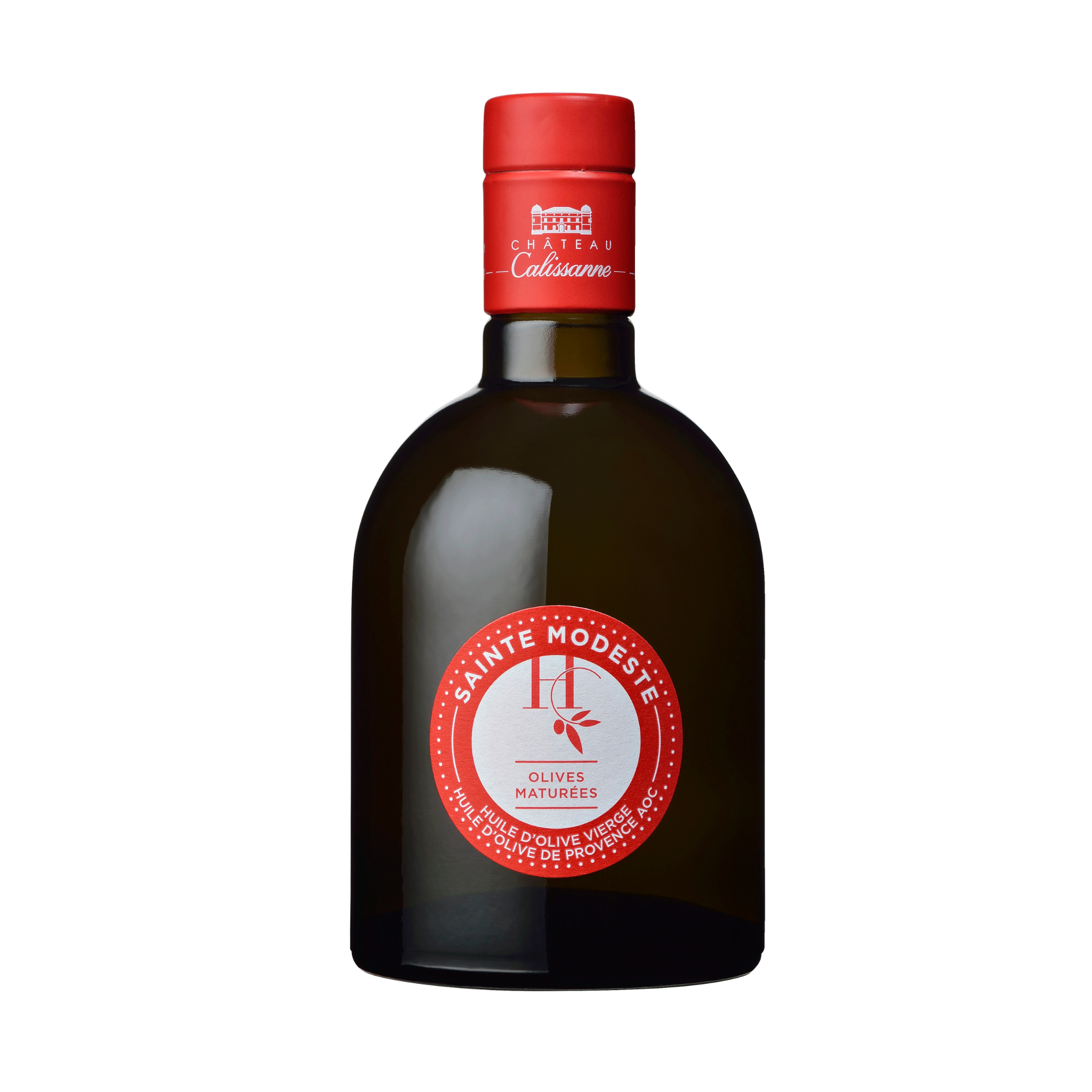 Glasflasche Olivenöl Sainte Modeste aus gereiften Oliven von Chateau Calissanne mit weißem Hintergrund