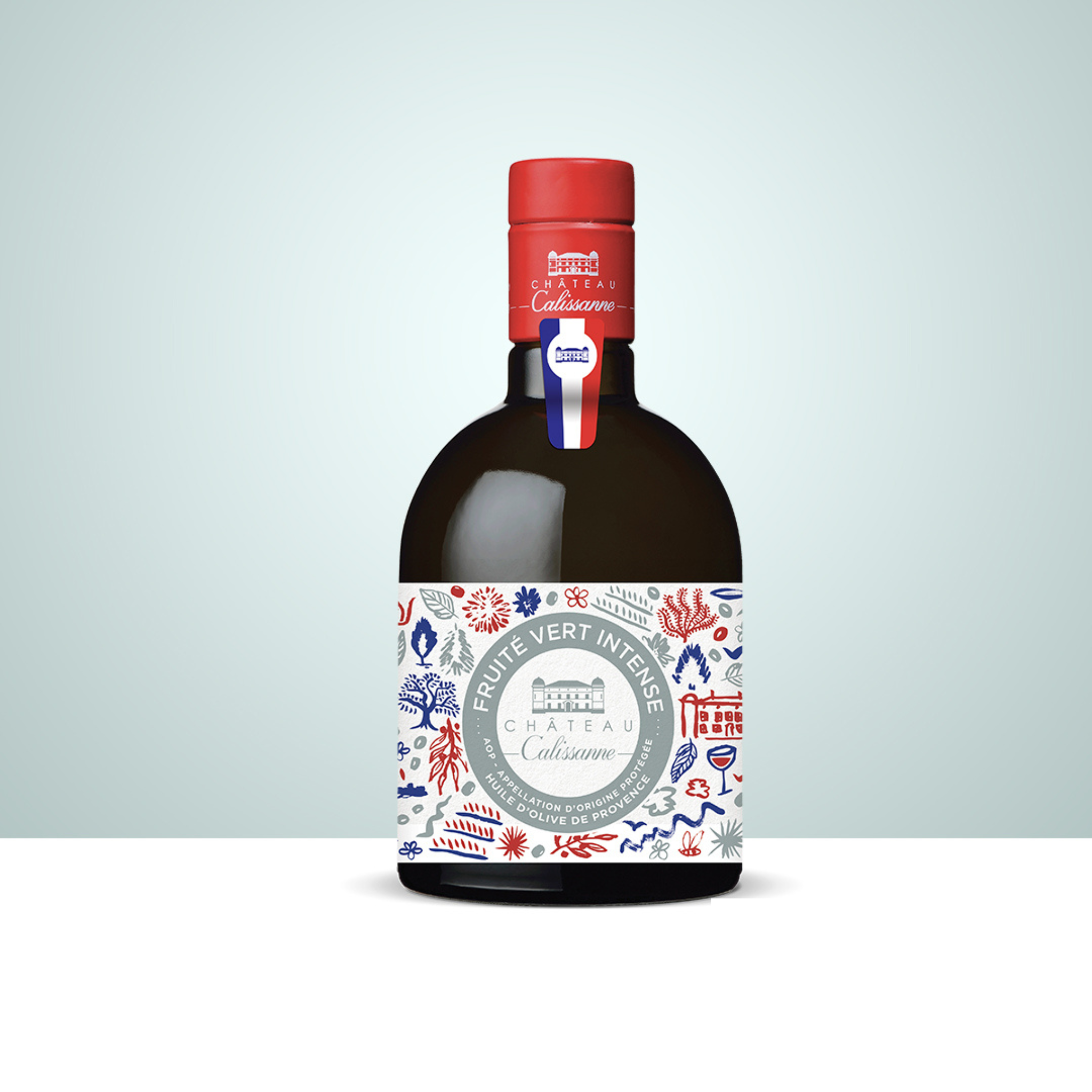 Eine Glasflasche Olivenöl grün fruchtig intensiv mit einem Etikette der Cocorico Kollektion