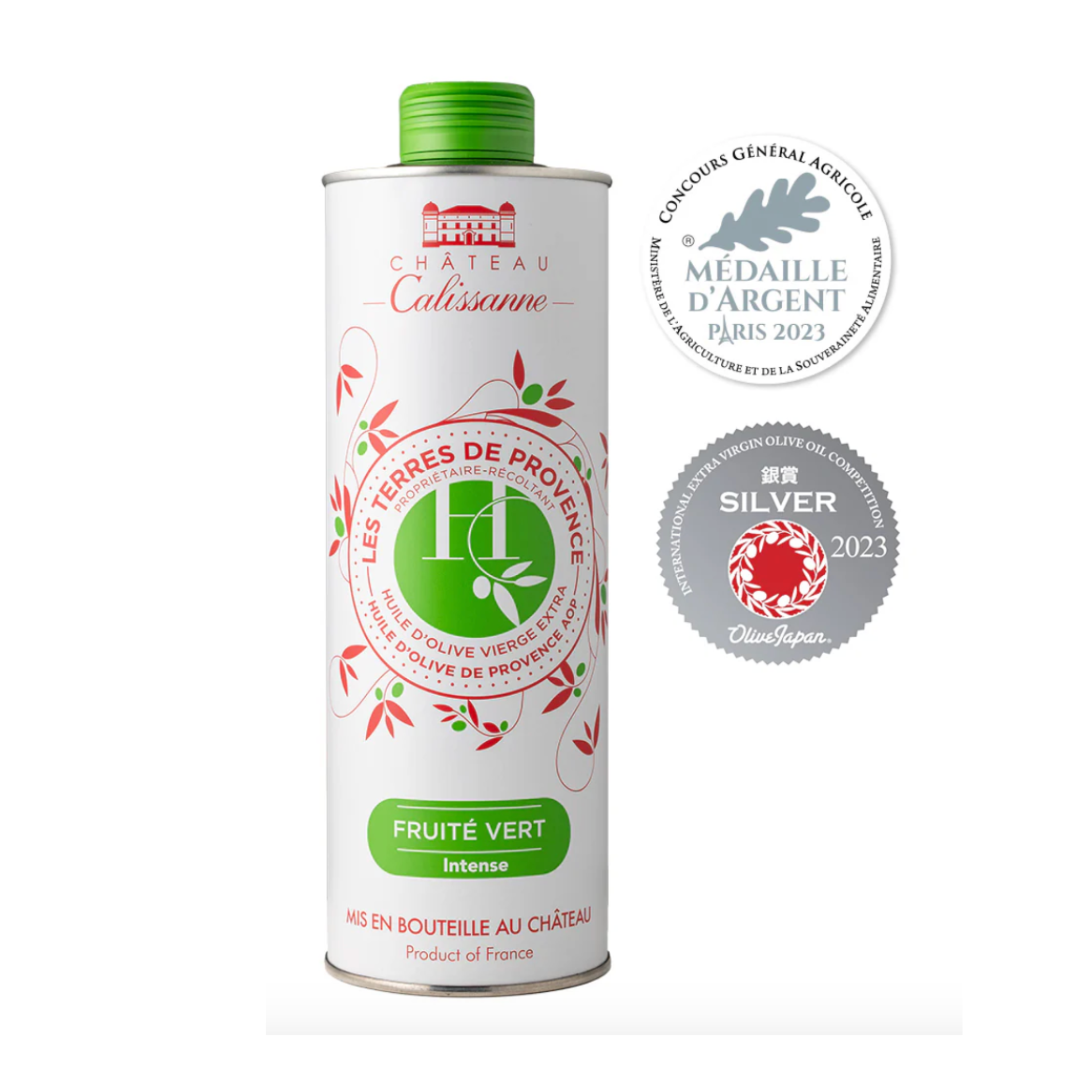 Eine Glasflasche Olivenöl Les Terres de Provence mit den Medaillen, die dieses Olivenöl bei zwei Wettbewerben gewonnen hat.