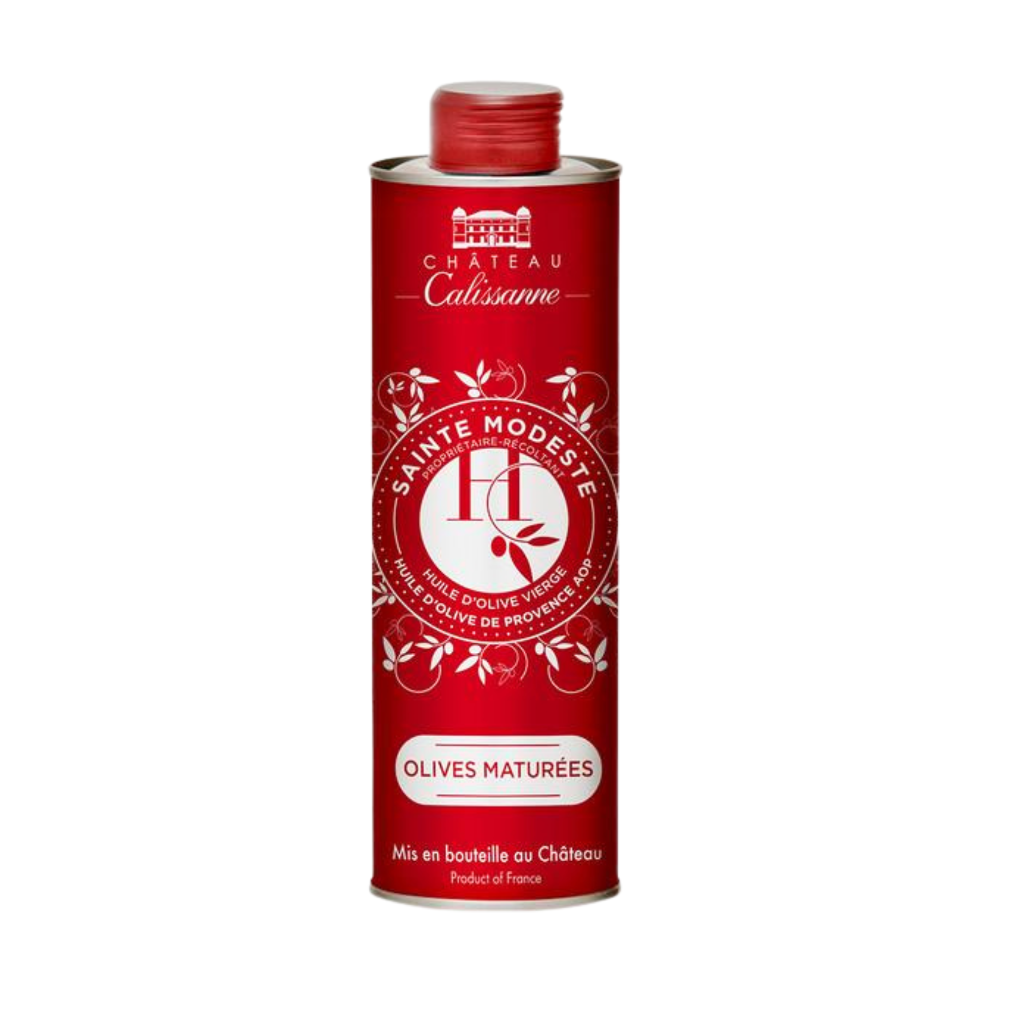 Kanister Olivenoel Sainte Modeste aus gereiften Oliven mit weißem Hintergrund