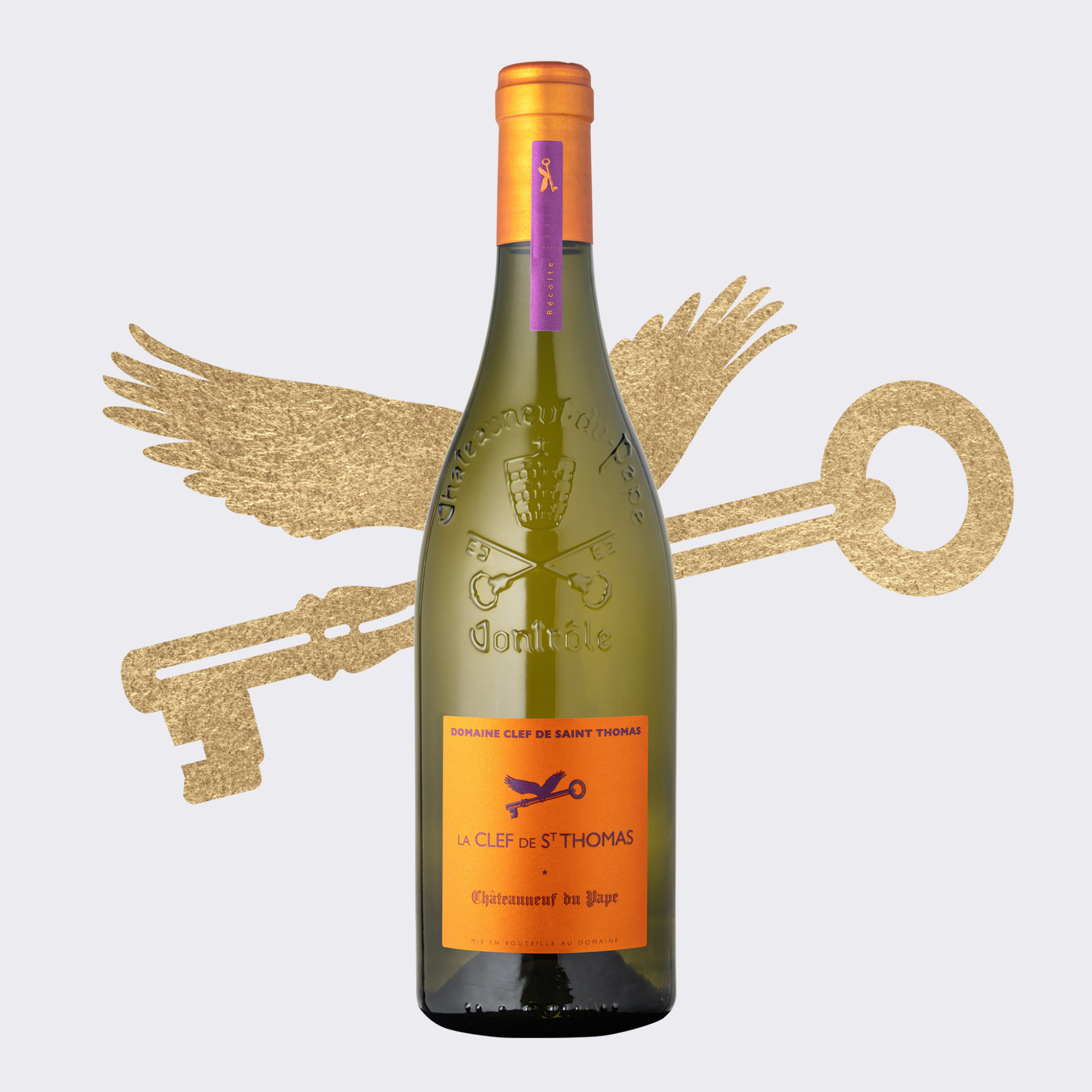 Flasche ClefStThomas Weißwein vom unserem Weingut im Châteauneuf-du-pape mit einem Motif im Hintergrund.