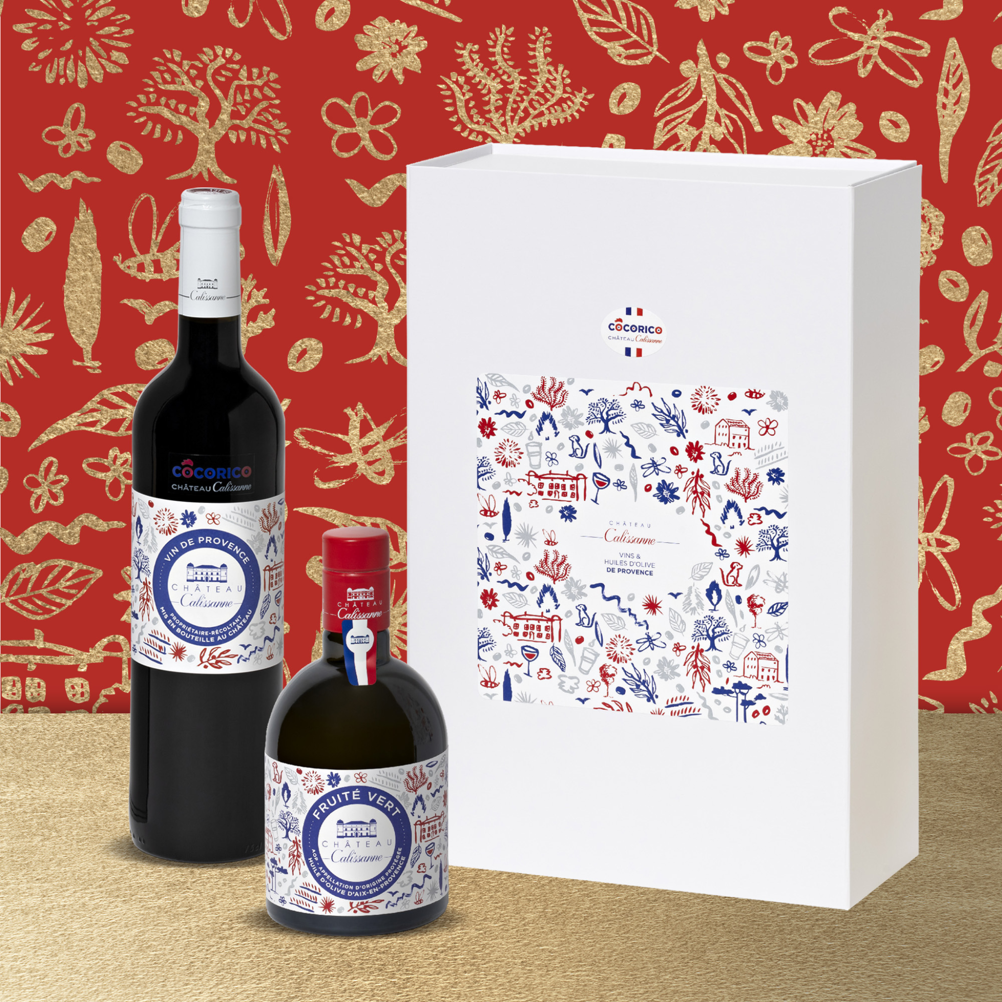 Geschenkbox mit Flasche Rotwein und Flasche Olivenöl Cocorico von Château Calissanne
