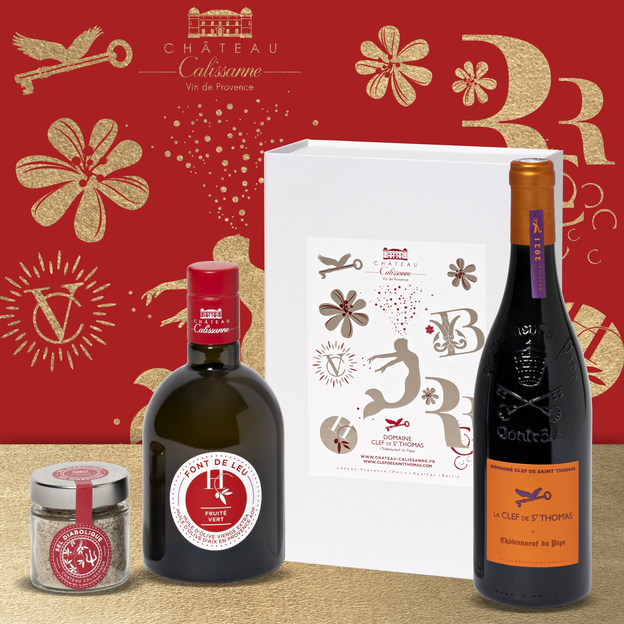 Geschenkset Châteauneuf-du-Pape Wein, Olivenöl und Salz von Château Calissanne