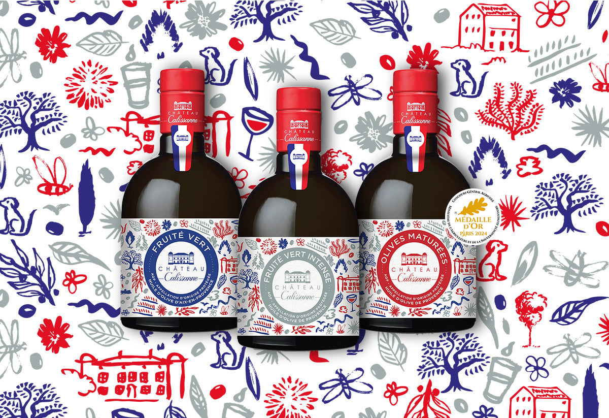 Banner Glasflasche_Olivenoel_Sortiment_mit_dem_Cocorico_Motif_von_Chateau_Calissanne 