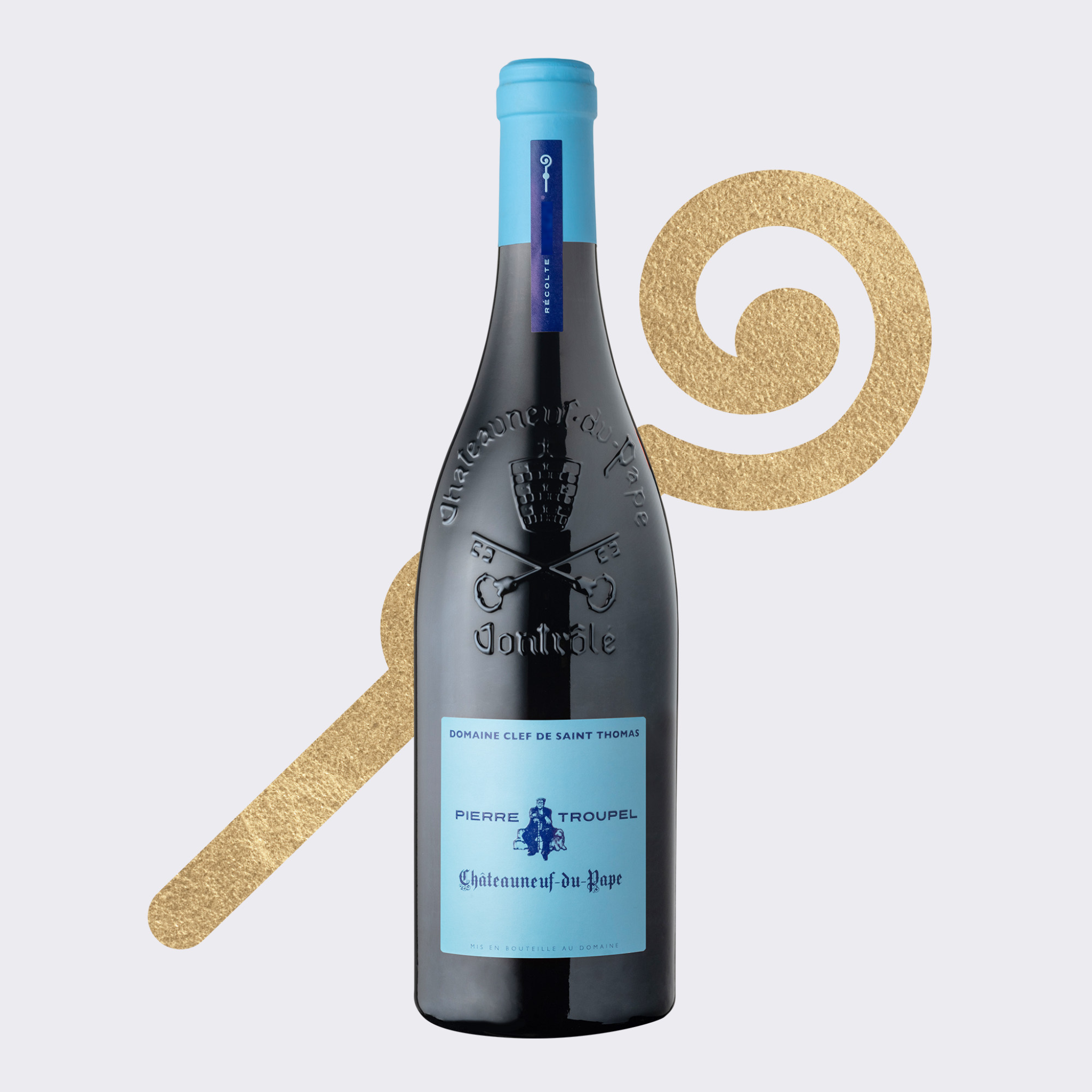 Flasche Rotwein Pierre Troupel Châteauneuf-du-Pape mit einem Motiv im Hintergrund